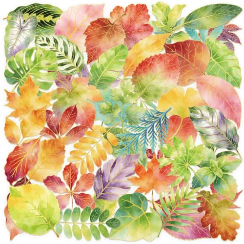 DYWHG 50Pcs Natural Leaves Stickers for Scrapbooking Journaling Junk Journal Supplies - Waterproof Transparent PET Holographic Foil Aesthetic Decals for Resin Crafts Decorative Art Crafts (Leaf)