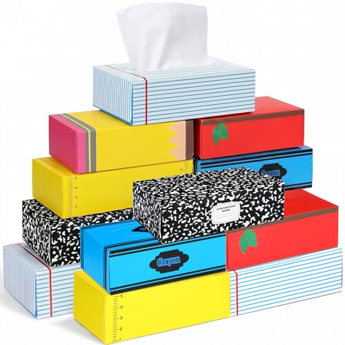 Eaasty 12 Packs Classroom Tissues with Boxes Bulk 3 Ply 80 Sheets Tissues for Back to School Teacher Tissue Boxes with Pencil Notebook Apple Ruler Crayon Composition Book Designs Classroom Supplies