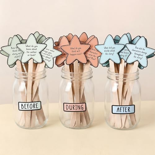 Eaasty 33 Pcs Reading Comprehension Game Classroom Management Supplies Bottle with Sticker Question Card Classroom Readings Tool Elementary Kindergarten Decor Before During After Reading Teacher