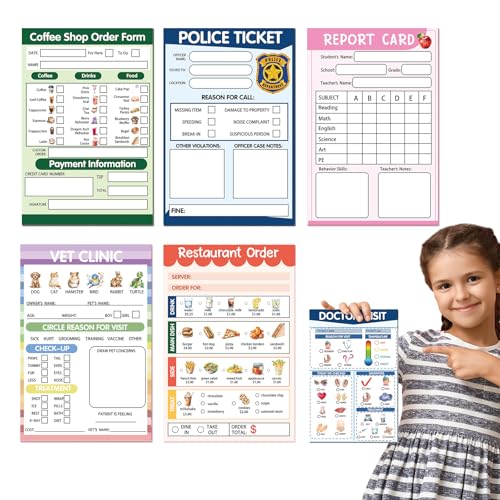 Eaasty 6 Pcs Kids Pretend Play Notepads for Kids Pretend Play Imaginative Role Playtime Bundle Include Doctor Police Teacher Vet Coffee Restaurant