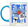 Eali88fa Personalized Grade Teacher Accent Coffee Mug with Name and Custom Grade Level, 3D Printed Effect Blue Gingham Bow Apple Pencil Design, Back to School Gift, 11oz 15oz