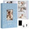 EARLY MINDS Baby Photo Album 4x6 300 Pockets with Memo Area & Hand and Footprint Kit, Linen Cover Slip-in Memory Book with Front Window, Acid-Free Keepsake for Newborn Boy Girl, First Year Moments