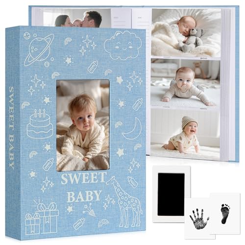 EARLY MINDS Baby Photo Album 4x6 300 Pockets with Memo Area & Hand and Footprint Kit, Linen Cover Slip-in Memory Book with Front Window, Acid-Free Keepsake for Newborn Boy Girl, First Year Moments