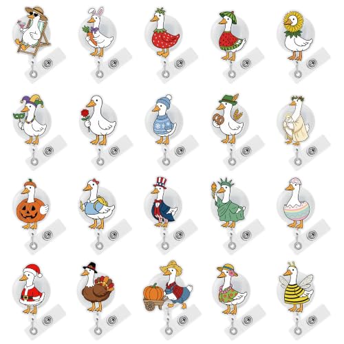Eartim Season Festival Goose Badge Reel - 20Pcs Funny Goose Acrylic Retractable Id Badge With Metal Clip Name Tag Holder Set for Nurse Doctor Worker Student Summer Halloween Thanksgiving Holiday Gifts