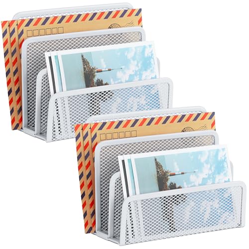 EASEPRES Desk Mail Organizer, Office Small Desktop Metal Mesh Envelope Letter Sorter Paper File Holder Organizer with 3 Vertical Upright Compartments, White 2 Pack