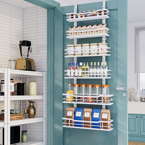 Eastherry Over The Door Pantry Organizer,6-Tier Over The Door Organizer with Adjustable Basket,Metal Hanging Pantry Organizers and Storage for Kitchen, Back of Door Seasoning Rack (White)