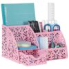 EasyPAG Desk Organizer and Pen Holder for Desk, Mesh Office Supplies Storage Caddy with Drawer for Small Space, Desktop Organizer for Home Office, Pink