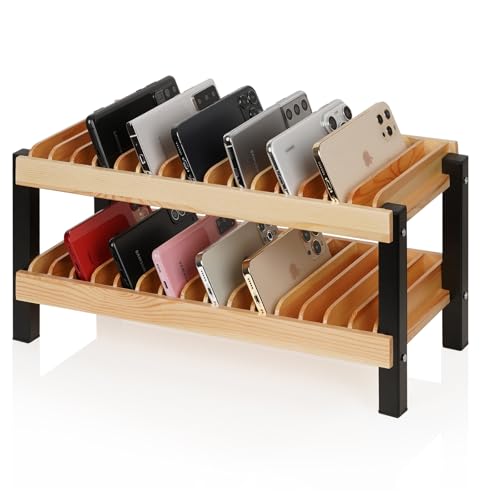 Echaprey 30-Grid Wooden Cell Phone Holder Desktop Multiple Classroom Storage Organizer Rack Box Caddy for Office School with 1-30 Number Stickers