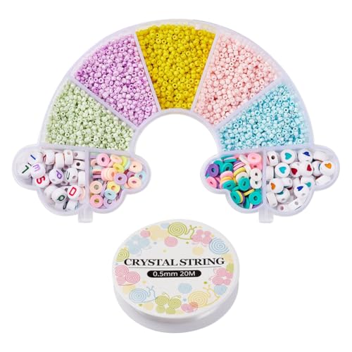 Echoed Elegance 3185 Pcs Glass Seed Beads Bracelet Making Kit, Includes Glass Seed Beads, Flat Round Opaque White Acrylic Beads & Polymer Clay Beads with Elastic Cord, DIY Art Craft Gift for Girls