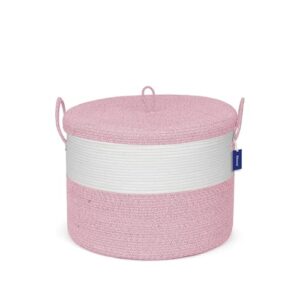 Echueuey 21" x 18" Extra Large storage baskets,Eco-friendly Decorative blanket basket with lid for Living room,rope baskets with lid,wicker hamper for bedroom,Big,Round,Pink 115L