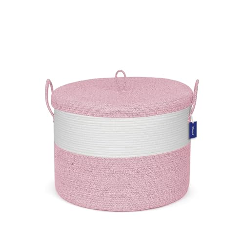 Echueuey 21" x 18" Extra Large storage baskets,Eco-friendly Decorative blanket basket with lid for Living room,rope baskets with lid,wicker hamper for bedroom,Big,Round,Pink 115L