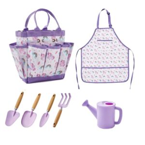 Ecolley Toddler Gardening Set - 7 Pieces Kids Gardening Tools Set Outdoor Toys for Kids Toddler Tote Bag, Watering Can, Shovel, Rake Purple Unicorn Print