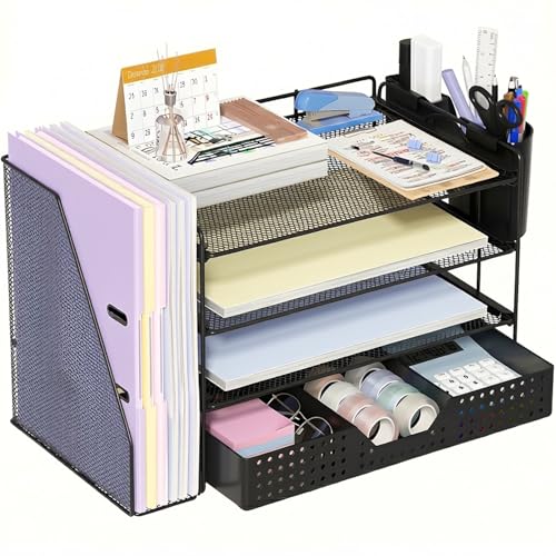 ECOLOVI Desk Organizer, 4-Tier Paper Organizer Letter Tray with File Holder, Drawer and 2 Pen Holders, Desktop File Organizer for Office Supplies, Workspace Storage, Black