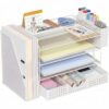 ECOLOVI Desk Organizer, 4-Tier Paper Organizer Letter Tray with File Holder, Drawer and 2 Pen Holders, Desktop File Organizer for Office Supplies, Workspace Storage, White
