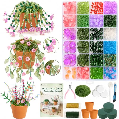 Ecoofor Beaded Plant Kit with 17 Styles of Beads, Flower Beads & Green Glass Crystal Beads, DIY Handmade Beaded Plant Craft Kit with Video Tutorial, Gift for Plant Lovers & Craft Enthusiasts