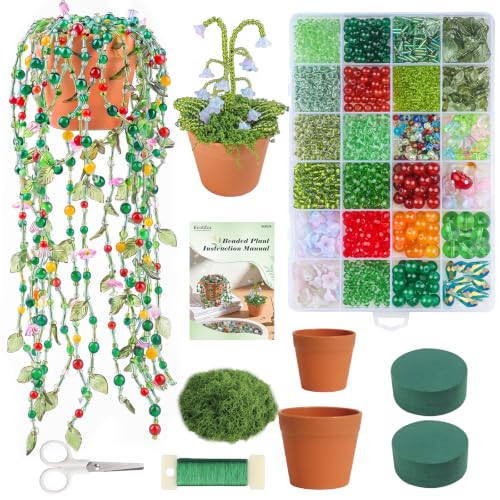 Ecoofor Green Beads Beaded Plant Kit DIY Plant Kit, Green Glass & Crystal Leaf Beads, Video Tutorials, Desk Gifts, Handmade Gifts for Plant Lovers
