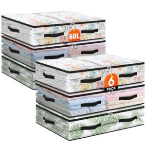 EdenDwell 6 Pack Under Bed Storage Bags, 60L Foldable Clear Storage Containers with Handles, Dual Zippers for Comforter, Clothes, Bedding, Linen Sheets, Sweaters, Blanket Storage