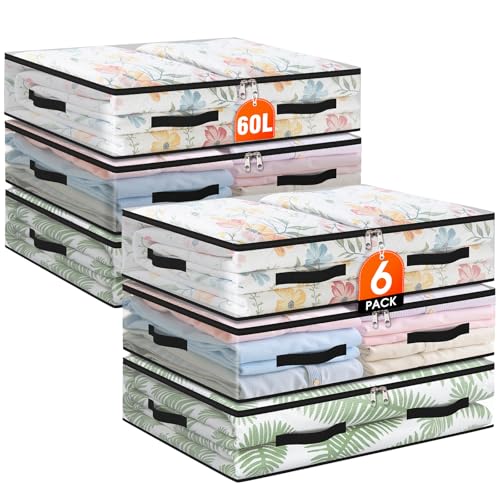 EdenDwell 6 Pack Under Bed Storage Bags, 60L Foldable Clear Storage Containers with Handles, Dual Zippers for Comforter, Clothes, Bedding, Linen Sheets, Sweaters, Blanket Storage