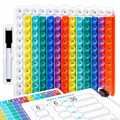 Educational e1 Multiplication Table pop Fidget Toy Rainbow Colors with Dry Erase Marker Stress Relieving Toy Memory Addition Game 3rd Grade pop 12x12 Rainbow Board Math manipulatives