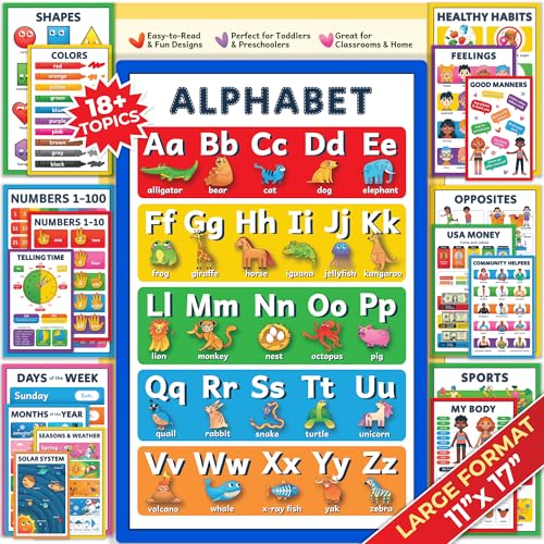 Educational Posters for Preschoolers – 18 Laminated Colorful Learning Charts for Ages 2-4, 11x17 Inch – Toddler Learning Posters, Preschool Classroom Must Haves, Kindergarten Homeschool Decor Gift