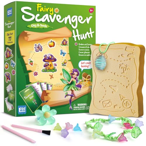 EDUMAN Flower Fairy Scavenger Hunt Dig Kit - Treasure Dig Kit Arts & Crafts, STEM Educational Toy with Clue Cards, Gemstone Dig Kits & DIY Jewelry Making Kits for Kids 6+ - Ideal Gift for Girls