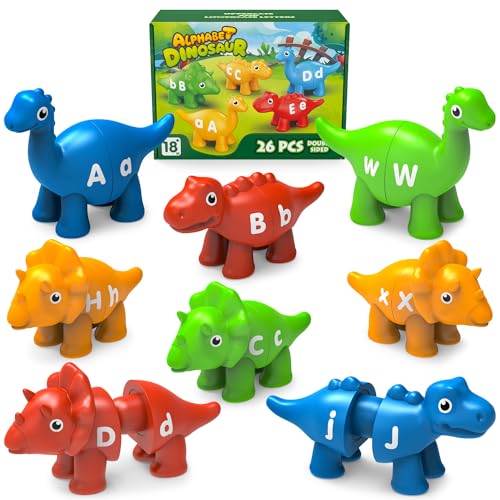 Edumoteso 26PCS Dinosaur Alphabet Learning Toys for 18M+, Montessori Educational Toys for 3 4 5 Year Old, Toddlers Preschool Activities Fine Motor Toys for Boys, Double Sided ABC Matching Game