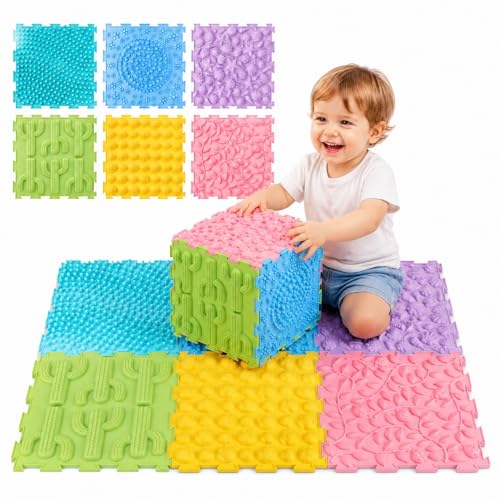 Edusense 6Pcs Sensory Mats for Autism, Non-Toxic XPE Foam Textured Puzzle Play Mat, Indoor/Outdoor Massage Floor Tiles for Sensory Room, Kids Adults Stress Relief