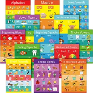Eersida 13 Pcs Phonics Vowels Chart Posters Educational Alphabet Poster for Toddler Kids Alphabet Letters for Wall English Learning Poster Phonics Blending Chart for Classroom Wall Bulletin Board
