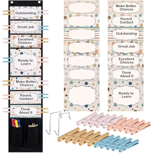 Eersida 57 Pcs Student Behavior Clip Chart for Classroom Behavior Management Track Reward Pocket Chart Hanging Bulletin Board Teacher Supplies for School Office Preschool Homeschool(Boho)