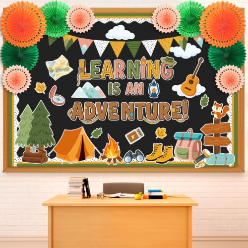 Eersida Back to School Bulletin Board Decorations with Paper Fans 3D Summer Classroom Bulletin Board Hawaiian Ocean Ice Pop Cutouts School Vbs Library Church Window Wall Decor(Camping)