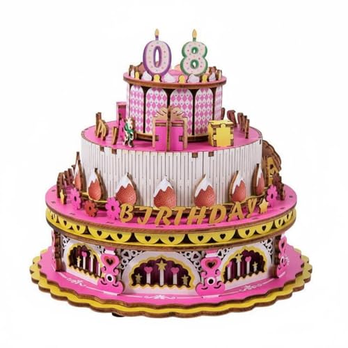 EHJRE Children Puzzle Wooden Cake Model Puzzle Music Box Toy with DIY Build and Interactive Tune Feature Charming Display for Play Suitable for Gift Giving Family Activities Bedroom Decor, Pink