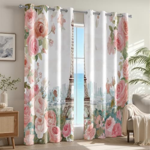 Eiffel Tower Patterned Blackout Curtains for Bedroom Living Room, 63 Inch Curtains 2 Panel Set, Thermal Insulated Room Darkening Grommet Drapes, Paris Pink Rose Floral Cityscape Window Treatments