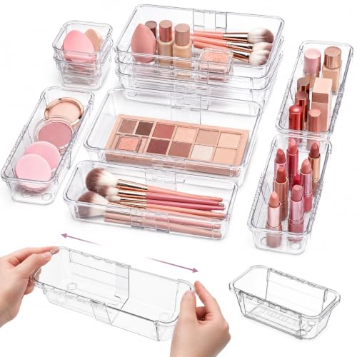 EIHPDEI 14 Pcs Clear Drawer Organizer, Adjustable Drawer Organizer, 3-Size Expandable Drawers Organizers for Makeup, Cosmetic, Kitchen Utensils, Bedroom Dressers, Tool Organizers for Gadgets