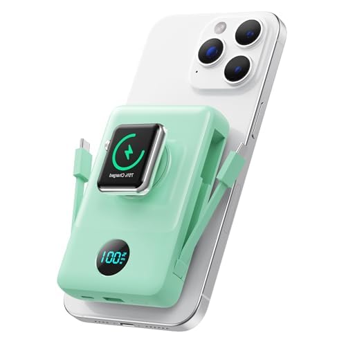 Ekrist Magnetic Portable Charger for MagSafe with Built-in Cable,iWatch Charger,Wireless Power Bank Travel Essentials,25W Fast Charging Battery Pack for iPhone 17/16/15,Apple Watch(Green,10800mAh)