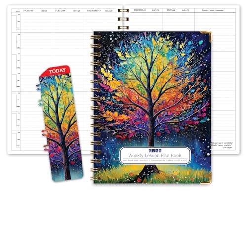 Elan Publishing Company HARDCOVER 7 Period Dated Teacher Lesson Plan; Days Horizontally Across The Top Dated for 2026-2027 Academic Year with Bonus Clip-in Bookmark (Black Tree Seasons)