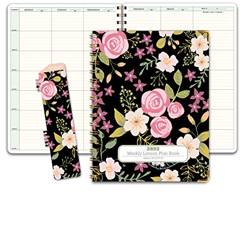 Elan Publishing Company HARDCOVER 7 Period Teacher Lesson Planner - Days Horizontally Across The Top with Bonus Clip-in Bookmark (Black Floral)
