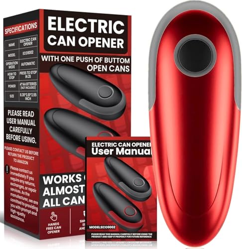 Electric Can Opener Fits All Can Sizes, Electric Can Openers for Kitchen Food Safe with Smooth Edge, Kitchen Gadgets Battery Operated Can Openers for Seniors, Arthritis and Chef Red