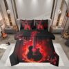 Electric Guitar Comforter Set Queen,Rock Music Theme Guitar Musical Notes Bedding Set,Neon Red Glowing Modern Artistic (Comforter+Fitted+Flat Sheet+2 Pillowcases+2 Throw Pillow Covers) 7 Pcs