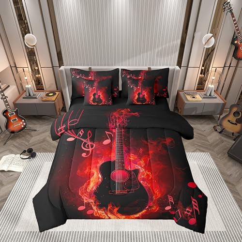 Electric Guitar Comforter Set Queen,Rock Music Theme Guitar Musical Notes Bedding Set,Neon Red Glowing Modern Artistic (Comforter+Fitted+Flat Sheet+2 Pillowcases+2 Throw Pillow Covers) 7 Pcs