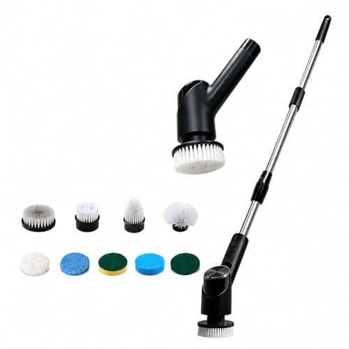 Electric Spin Scrubber for Bathroom, Cordless Power Scrubber with Extendable Handle, 3 Speeds, Digital Display and 8 Brush Heads for Shower, Bathtub, Tile, Grout, Floor and Kitchen,Black