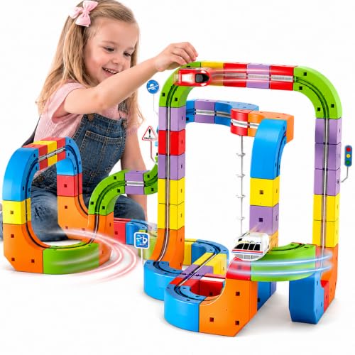 Electric Train Set 3D Flexible Race Track for Kids 3 4 6 7 8 Years Old, Race Car Track with Anti-Gravity and Motorized Car, Building Toy Train Track Educational STEM LearningToy for Boys Girls, 121PCS