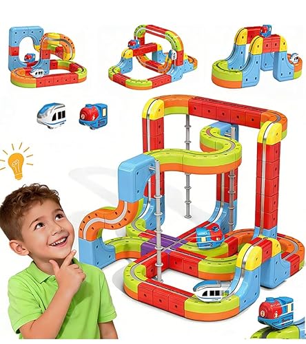 Electric Train Set, 3D Infinity Racer Train Tracks, DIY Toy Car Track, Modular Building Blocks Freely Assembled, STEM Learning Toy Fun Gifts for Kids Toddlers Boys & Girls (88pcs-2Car)
