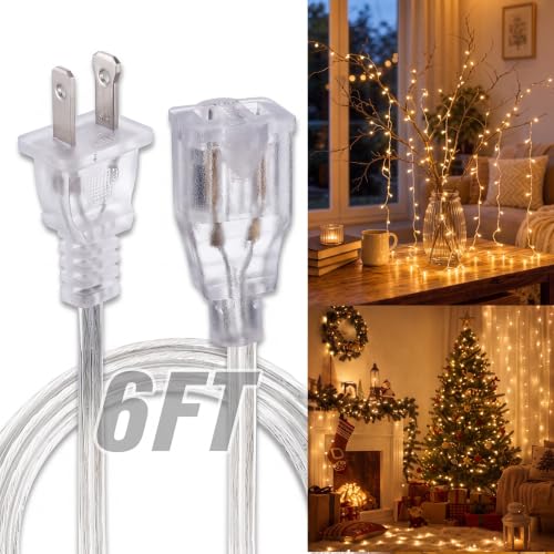 ElectricWise 1 Pack 6 FT Clear Extension Cord, Invisible Extension Cord with 2-Prong Plug, Male to Female Indoor Power Cable for Christmas Lights, Lamps & Holiday Lighting (18AWG, 10A/125V)