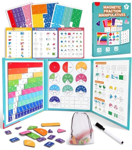 Elegancy Magnetic Fraction Playbook for Kids – 122-Piece Magnet Math Fraction Manipulatives – Educational Fraction Book with Circles, Bars, Dry Erase Activity Card, Marker & Storage Bag