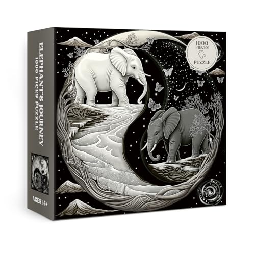 Elephant Moon Yin Yang Puzzle 1000 Piece for Adults, Stars River Tree Fantasy Jigsaw Puzzle, Galaxy Butterfly Mountains Animals Puzzles