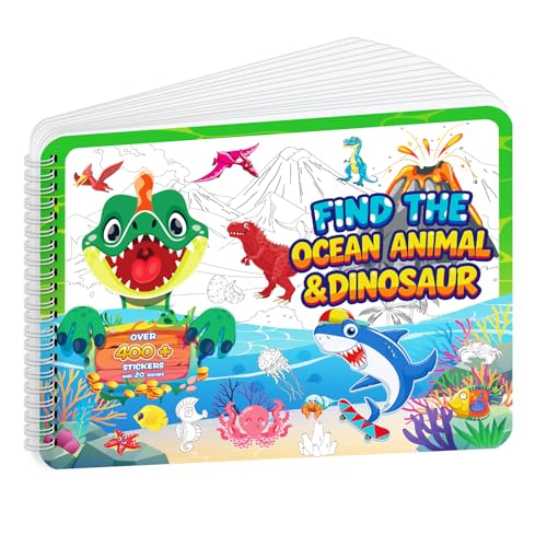 Elfew Search and Find Sticker Book for Kids Ages 3-8, Dinosaur and Ocean Animal Sticker Activity Book for Kids with 20 Theme, Over 400+ Stickers, Toddler Educational Travel Toys