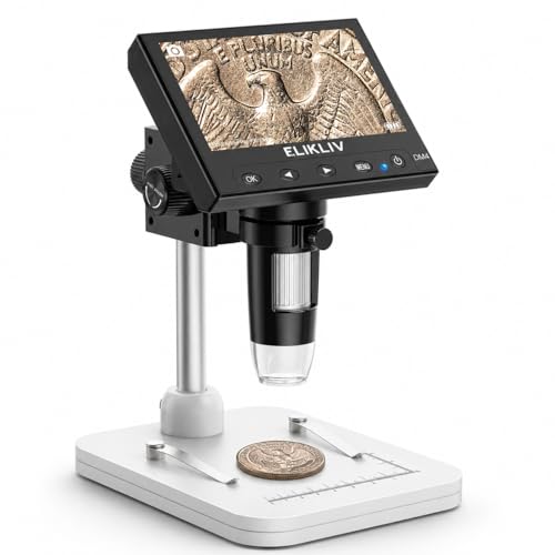 Elikliv Microscope, LCD Digital Coin Microscope 1000x, Coin Magnifier with 8 Adjustable LED Lights, PC View Compatible with Windows/MacBook, EDM4, 4.3-Inch