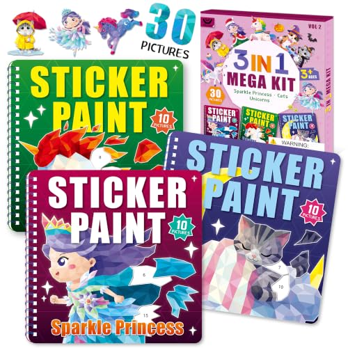 Elite Panda Sticker by Number Books for Kids Ages 4-8, 3-Pack, Paint with Stickers Activity Books, 30 Pictures, Cat Unicorn Princess, Travel Toys & Quiet Time, Birthday Gifts for Girls Boys