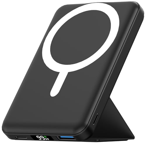Ellewpoo for MagSafe Power Bank 10000mAh, Magnetic Portable Charger 20W PD Fast Charging, Wireless External Battery Pack with Foldable Stand & LED Display, for iPhone 17/16/15/14/13/12 Series, Black