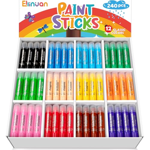 Ellinjan 240 Pcs Tempera Paint Sticks for Kids, 12 Classic Colors, Washable & Quick-Drying Twistable Solid Paint Sticks, Bulk Art Supplies for Drawing & Painting, Classroom School Supplies